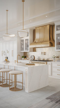 a large kitchen with white cabinets and marble counter tops, along with two stools