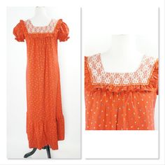 "Vintage 70s Prairie Dress, Cottagecore, Puff Sleeves, Orange Floral, Lace, Maxi  Excellent condition. Perfect for running through a field of daisies, this prairie dress is a reddish orange with tiny flowers and lace accenting the bodice. The fabric still has a bit of stiffness like it's unworn. It feels like mostly cotton but could be a blend. Brand Sun Babies Hawaii. Machine wash, tumble dry. Size written on tag 7/8. Shown on a medium size 6-8 mannequin.  Vintage sizes can be very different fr Running Through A Field, 80s Suit, 70s Prairie Dress, 70s Prairie, Field Of Daisies, Daisy Field, Dress Cottagecore, Beautiful Suit, Prairie Dress