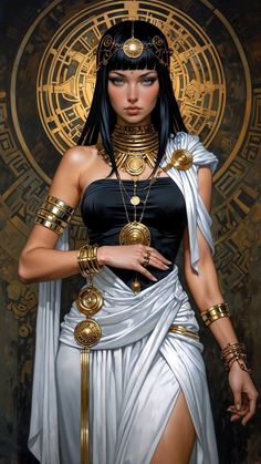 an egyptian woman in white and gold with her hands on her hips, wearing jewelry