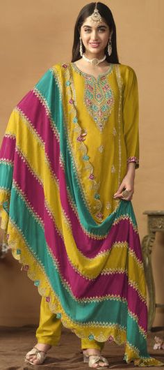 Yellow color Salwar Kameez in Art Silk fabric with Embroidered, Thread, Zari work Anarkali Lehenga Gowns, Celana Fashion, Haldi Outfits, Pakistani Suits Online, Anarkali Lehenga, Pakistani Suit, Bead Embroidery Tutorial, Baby Dress Design, Silk Bottoms