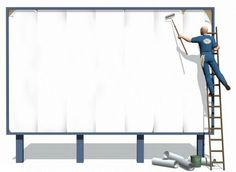 a man on a ladder painting the side of a large billboard with rollers and paint cans