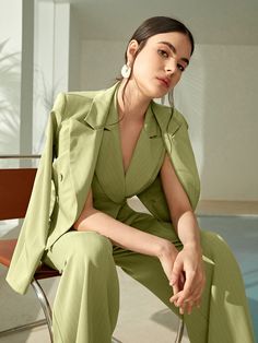 Mint Green Elegant Collar Long Sleeve  Striped  Embellished Non-Stretch Spring/Fall Women Suits Green Formal Outfit, Pinstripe Suit Women, Banana Garden, Graduation Suit, Womens Tailored Suit, Formal Pants Women