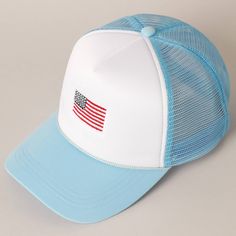 American Flag Embroidered 2-Tone Foam Trucker Hat - American Flag Embroidered Design - 2 Panel Trucker Hat - 100% Polyester - Relaxed Fit and Pre-Curved Visor - Snap Closure *One Size Fits All - Adjustable strap makes fit comfortable* Blue Cotton Trucker Hat For The Beach, Patriotic White Hat For Summer, Patriotic White Snapback Baseball Cap, Blue Cotton Snapback Trucker Hat, Blue Cotton Trucker Hat For Summer, Blue Dad Hat One Size For Summer, Light Blue Baseball Cap For Summer, Light Blue Baseball Cap For Spring, Blue Flat Bill Baseball Cap For Spring