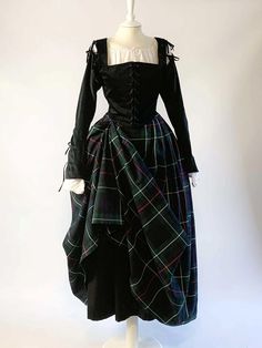 Scottish Costume in Black Velvet with Sleeves & Mackenzie Tartan Skirt - Atelier Serraspina Heritage Outfits, Chiffon Clothes, Scottish Costume, Black Velvet Corset, Mackenzie Tartan, Scottish Dress, Velvet Corset, Black Watch Tartan, Removable Sleeves