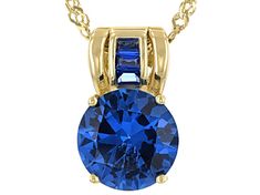 3.27ct Round And 0.03ctw Baguette Lab Created Blue Spinel 18k Yellow Gold Over Sterling Silver Pendant With 18" Singapore Chain. Measures Approximately 0.60"L x 0.39"W. 1.5mm bail. Lobster clasp with 2"extender.