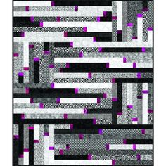 a black and white area rug with purple squares on the bottom, in an abstract pattern