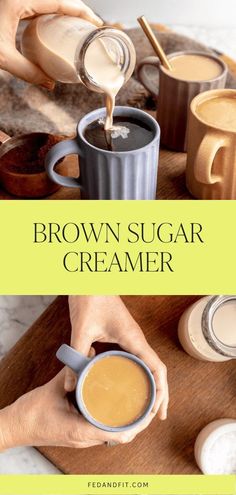 two mugs of brown sugar creamer on a cutting board