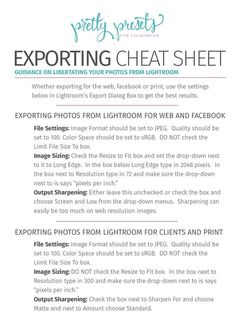 an advertisement with the text experting heat sheet for photos from lightroom to web and print