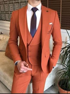 This is a Classy Orange 3 Piece Suit by fixashop /crafted from high quality fabric and imported materials. Our products are handcrafted by experienced tailors who make sure the that the stitching is precise, lining is proper and the overall product is sturdy enough to not go out of shape for more than a few years. Also all our products have extra margins in their length, sleeves, sides so it's easily alterable if your size changes after some time. To see more available colours and designs in this collection, Check out the ' Collection' Section. *This is a 3 piece set of a Coat+westcoast+pant  *We also offer customization so we can provide you an even better fit if you massage us your measurements (in inches) of Chest, Stomach, Waist, Hip, Shoulder and Actual Height after ordering. *Want th Summer Wedding Groom, Mens Wedding Suits, Suit Prom, Groom Suits, Orange Suit, Wedding Suits Groom, Suits Men, Stylish Suit, Bespoke Suit