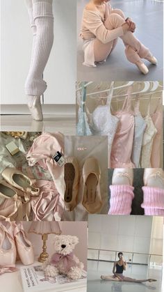 there is a collage of pictures with ballet shoes and teddy bears