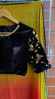 Velvet Black Blouse, Multicolour Saree, Black Velvet Embroidery, Velvet Blouse Design, Ready Made Blouse, Velvet Embroidery, Cotton Blouse Design, Fashionable Saree Blouse Designs