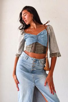 Mix denim crop top. Smock back for comfortable fit. 3/4 sleeve with crochet detail design. Elastic at shoulder for on or off shoulder look. Runs true to size. Sofia wears size small. Slight stretch and non lined. Hand wash cold. Paired with the Melrose Denim Midi Skirt foumd online AND in store girls 😗 Stretch Cropped Denim Top For Summer, Trendy Cropped Denim Top For Day Out, Trendy Medium Wash Stretch Crop Top, Trendy Stretch Medium Wash Crop Top, Stretch Denim Cropped Crop Top, Chic Cropped Denim Blue Crop Top, Chic Denim Blue Cropped Crop Top, Stretch Denim Blue Cropped Crop Top, Spring Denim Cropped Crop Top