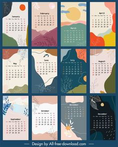 a calendar with different colors and designs for each month, including the date on it