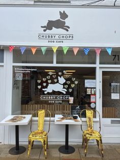 two yellow chairs sitting at a table in front of a dog shop with bunting