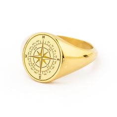 A beautiful Compass design engraved in our best-seller signet rings! *real images of the ring, taken by us* Face Size: 13x11mm Material: - Sterling Silver (925) - 9K Gold (375) - 14K Gold (585) - 18K Gold (750) *All signet rings are hallmarked on the back for certification* - We offer FREE Worldwide DHL & FedEx Shipping! - Branded DanelianJewelry Gift Box with each order! Our customer service is available 7 days a week. Leave us your message, and we will get back to you within a little time. ✔️ Compass Ring, Symbolic Gold Jewelry With Compass Design, Symbolic Rings With Compass Design For Gift, Symbolic Rings With Compass Design As Gift, Symbolic Compass Design Ring As Gift, 14k Gold Compass Design Round Jewelry, Compass Design Ring Jewelry For Gift, 14k Gold Compass Design Medallion Jewelry, Gift Signet Ring With Compass Design