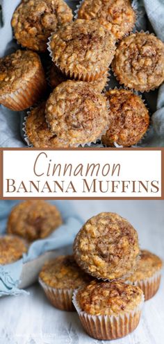 cinnamon banana muffins are stacked on top of each other with the title above it