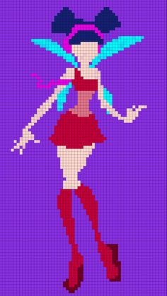 a cross stitch pattern of a woman in red and white with blue wings on her head