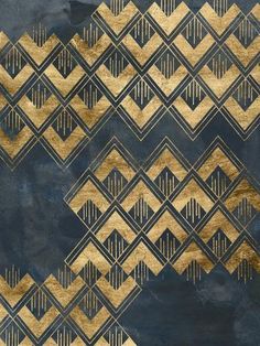 an art deco wallpaper design with gold and black squares on dark blue paint background