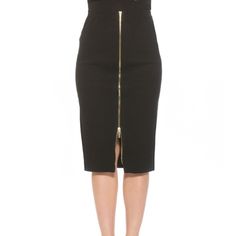 Add An Eye-Catching Statement To Your Off-Duty Look With This Curve-Skimming Pencil Skirt That Is Crafted From Soft And Stretchy Knit And Styled With A Front Exposed Zipper. 29.5" Length (Size S) Elastic Banded Waist Front Zipper Closure 50% Viscose, 30% Polyamide, 20% Polyester Elegant Office Skirt With Zipper Closure, Chic Knee-length Pencil Skirt With Side Zipper, Chic Party Skirt With Zipper Closure, Elegant Party Skirt With Zipper Closure, Black High-waist Skirt With Side Zipper, Elegant Stretch Pencil Skirt For Going Out, High Waist Black Skirt With Side Zipper, Chic Workwear Skirt With Side Zipper, Chic Office Skirt With Zipper Closure