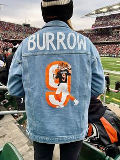 Custom painted Cincinnati Bengals Joe Burrow jean jacket Diy Bengals Shirt, Bengals Jean Jacket, Football Jean Jacket Girlfriend