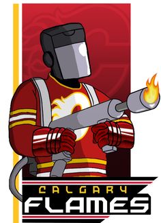 a fireman holding a large metal object with flames coming out of his arms and the words calgary flames on it