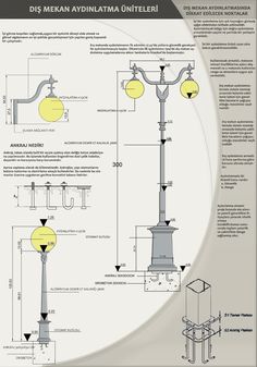 an architectural drawing of a street light with the names and measurementss on each pole