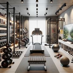 a home gym with treadmills, exercise balls and other personal items in the room