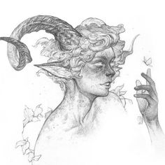 a drawing of a woman with horns on her head