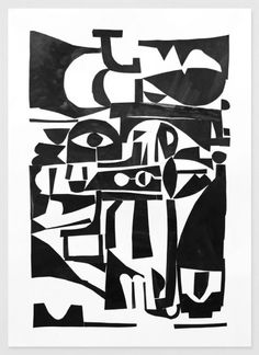 an abstract black and white painting on paper