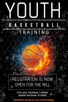 the youth basketball training flyer is shown with an image of a ball on fire and water