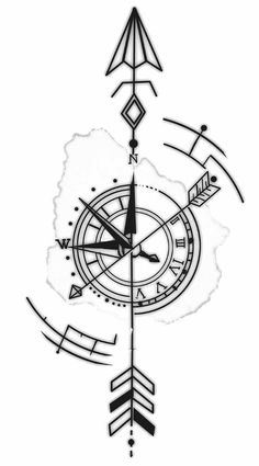 a drawing of a clock with arrows and arrows on the side, in black and white