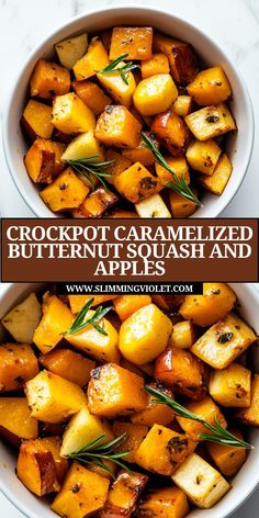 two bowls filled with cooked butternut squash and apples next to the words crockpot caramelized butternut squash and apples