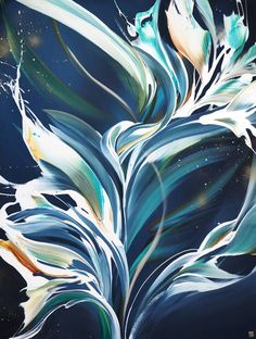 an abstract painting of blue and white flowers with stars in the sky behind it on a black background