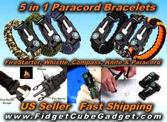 5 in 1 paracord bracelets fire starter, whistle, compass, knife & paracord us seller fast shipping