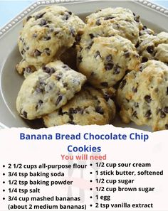 the recipe for banana bread chocolate chip cookies is shown on a white plate with text