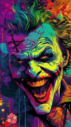 the joker is smiling with his teeth painted multicolored