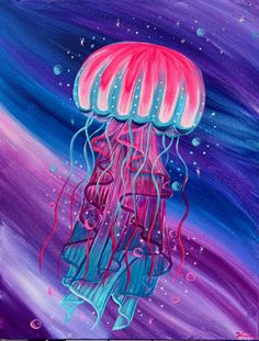 an acrylic painting of a jellyfish in purple, blue and pink colors