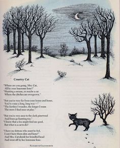 an illustration of a cat walking in the snow with trees and moon behind it on a book page