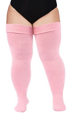 Stay stylish and comfortable with these plus size baby pink thigh high socks. Perfect for pairing with your favorite boots, these socks are crafted from a soft and stretchy cotton and spandex blend. With a classic ribbed design, these socks will keep you looking and feeling your best all day long. Fall Season Pink Stretch Knee-high Socks, Pink Footless Stockings, Fitted Pink Knee-high Winter Socks, Fitted Pink Knee-high Socks For Winter, Thigh High Ribbed Socks For Winter, Ribbed Thigh High Socks For Winter, Cute Fitted Winter Socks, Casual Pink Footless Leg Warmers, Cute Fitted Winter Hosiery