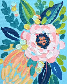 a painting of flowers on a blue background