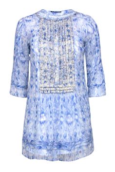 Current Boutique-Elie Tahari - Blue Marbled Silky Tunic Top w/ Gold Embroidery Sz XS Blue Tunic Tops For Fall, Elegant Summer Tunic With Embroidered Neckline, Elegant Spring Tunic With Embroidered Neckline, Elegant Embroidered Neckline Tunic For Summer, Blue Relaxed Fit Tunic Blouse, Elegant Summer Blouse With Embroidered Neckline, Fitted Tunic Top For Spring, Blue Bohemian Tops For Daywear, Summer Tunic Top With Embroidered Neckline