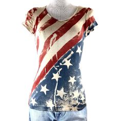 Distressed American Flag Graphic T-Shirt Tee - Never Worn, But I Removed The Tags Long Ago. Women's Size Medium T Party, Distressed American Flag, Fashion White, Party Fashion, Fashion Tops, American Flag, Womens Tees, Graphic T Shirt, Red And White