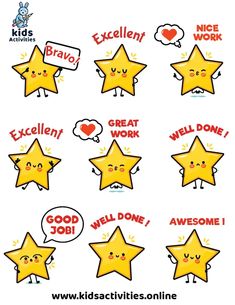 star stickers that say excellent, well done, and have different expressions on them