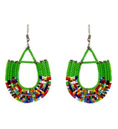 Hand- crafted by women of the Maasai tribe in rural Kenya, these bright and colorful, Maasai bead dangle earrings are fun and lightweight! | Hand- crafted by women of the Maasai tribe in rural Kenya, these bright and colorful, Maasai bead dangle earrings are fun and lightweight! The Story Behind the Art: Maasai beadwork embodies the whole of Maasai culture representing beauty, strength, tradition, warriorhood, social status and their deep love and devotion for their cattle. The age old artform i Multicolor Fair Trade Beaded Earrings, Traditional Green Teardrop Beaded Earrings, Traditional Green Beaded Earrings With Large Beads, Green Artisan Dangling Beads, Artisan Green Dangling Beads, Bohemian Green Beaded Earrings With Colorful Beads, Bohemian Green Beaded Earrings, Green Bohemian Beaded Earrings, Traditional Green Beaded Earrings With Tiny Beads