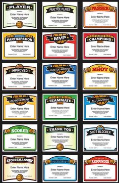 many different colored labels with basketball logos on them