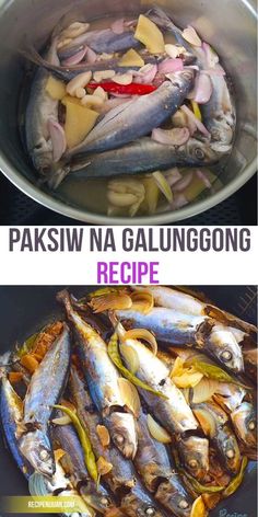 two pictures showing different types of food in the same pan and one with fish on it