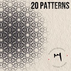 the cover for 20 patterns, with black and white geometric designs on paper behind it