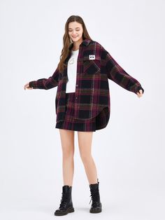 Details: Flat pocket on front Pair with Rust Flannel Jacket Materials & Care: 88.7% Polyester, 11.3% Wool Dry clean Do not bleach Size & Fit: Model is 5'7", Bust 32, Waist 24, Hips 35, wearing a size S Item #: HK3SK067D Winter Long Sleeve Shacket With Side Pockets, Fall Long Sleeve Shacket With Side Pockets, Brown Flannel Dress, Flannel Skirt, Tapered Sweatpants, Flannel Jacket, Fleece Sweatpants, Plaid Shorts, White Rhinestone