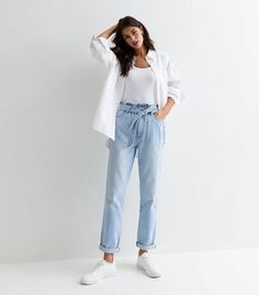 Pale Blue Dayna Paperbag Jeans | New Look Paperbag Jeans Outfit, Bright Blue Jeans, Paperbag Jeans, Graduation Outfit, Tapered Jeans, Floral Dress Summer, Going Out Dresses, Wide Leg Trousers, Pocket Design