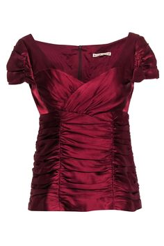 Current Boutique-Nanette Lepore - Deep Red Ruched Cap Sleeve Silk Top Sz 6 Chic Ruched Silk Tops, Evening Satin Ruched Tops, Elegant Folded Top For Evening, Elegant Evening Tops With Folds, Satin Ruffled Tops For Evening, Evening Satin Ruffled Tops, Satin Ruffle Tops For Evening, Fitted Ruched Satin Top, Elegant Tops With Ruched Back For Night Out